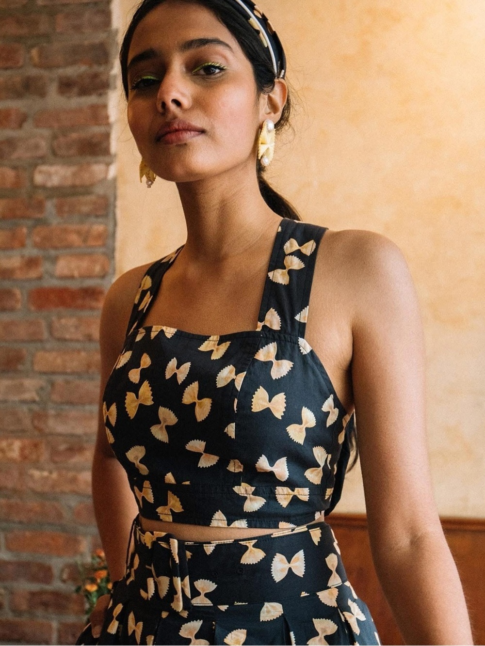 Rachel Antonoff Antonia Cropped Top in Farfalle Pasta Print Black RARE